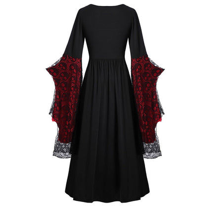 Skull print flared sleeve high-low halloween party dress 3113