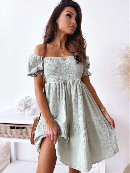 Ruffled sleeve off-shoulder honeycomb mini dress 3115