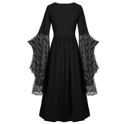 Skull print flared sleeve high-low halloween party dress 3113