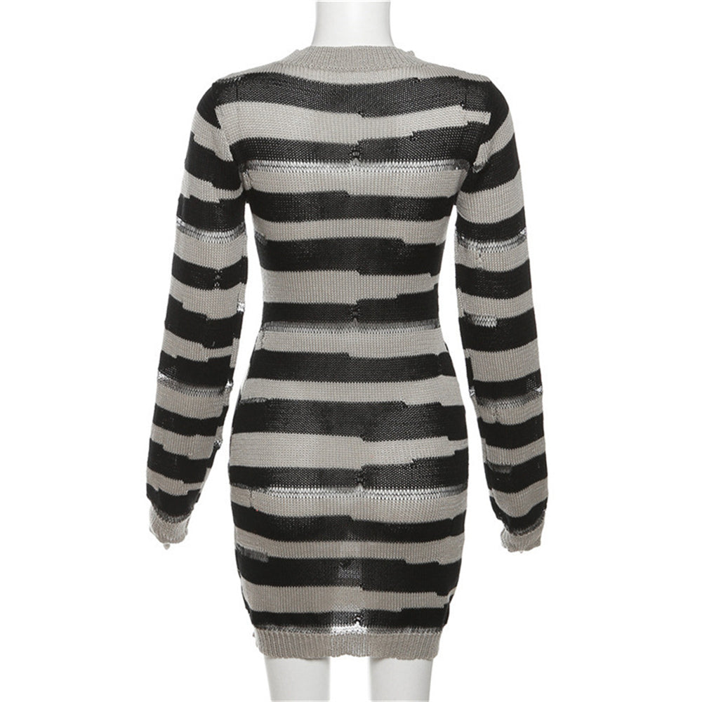 Ribbed texture striped bodycon knit midi dress 3128