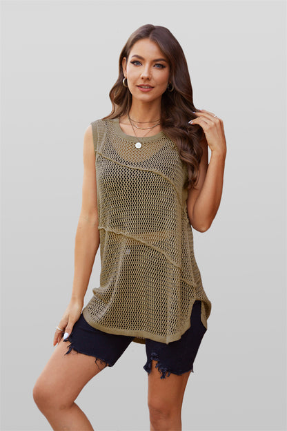 Ocean Wave Sleeveless Knit Mesh Top 2788 Khaki