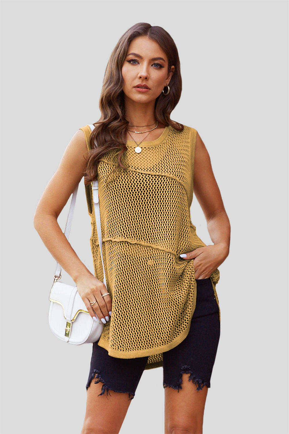 Ocean Wave Sleeveless Knit Mesh Top 2788 Yellow