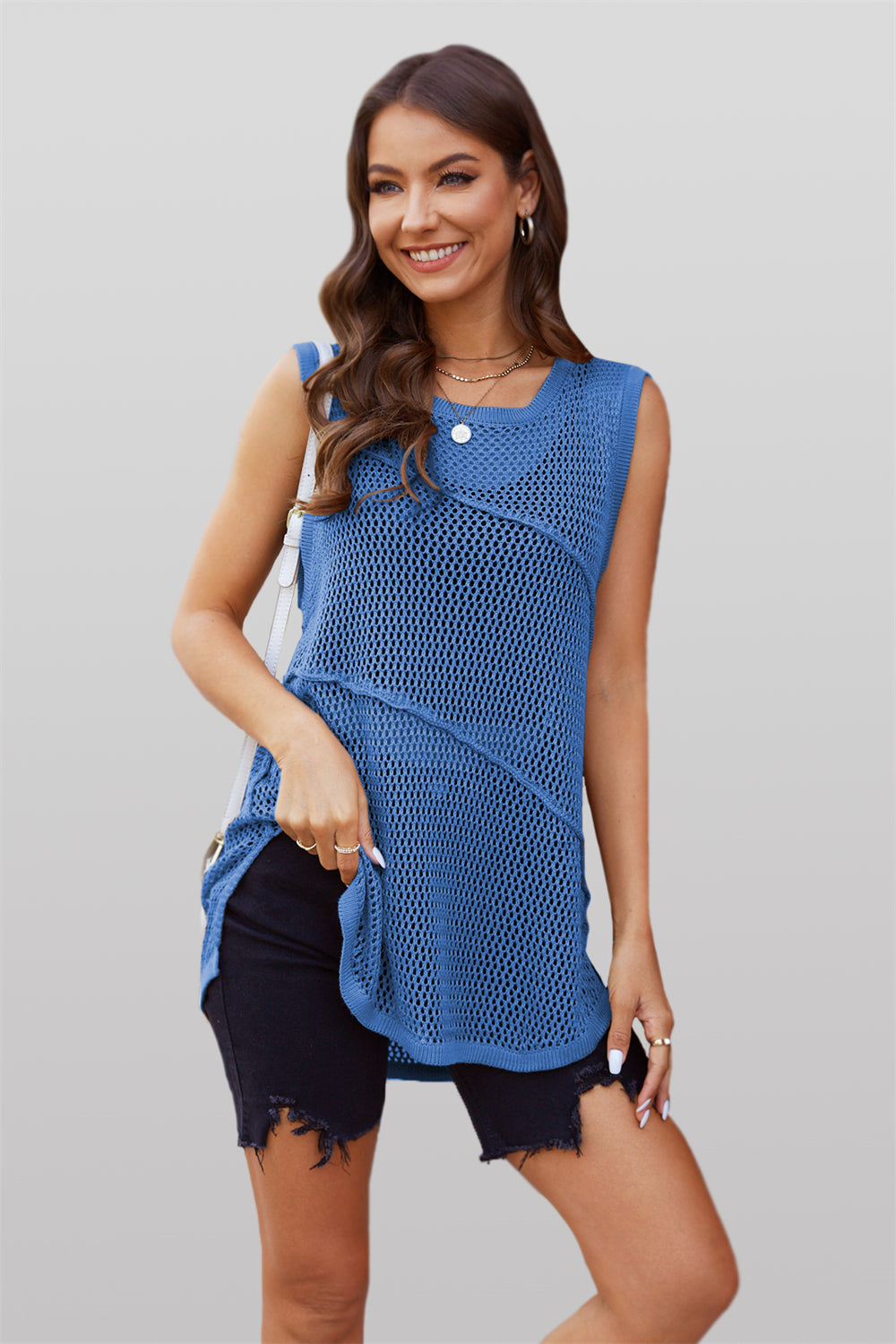 Ocean Wave Sleeveless Knit Mesh Top 2788 Blue