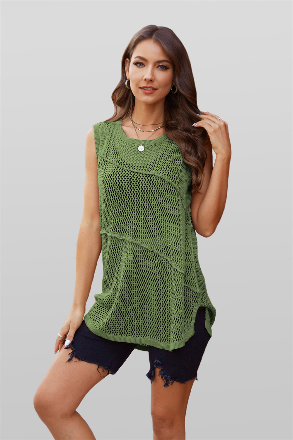 Ocean Wave Sleeveless Knit Mesh Top 2788 Green