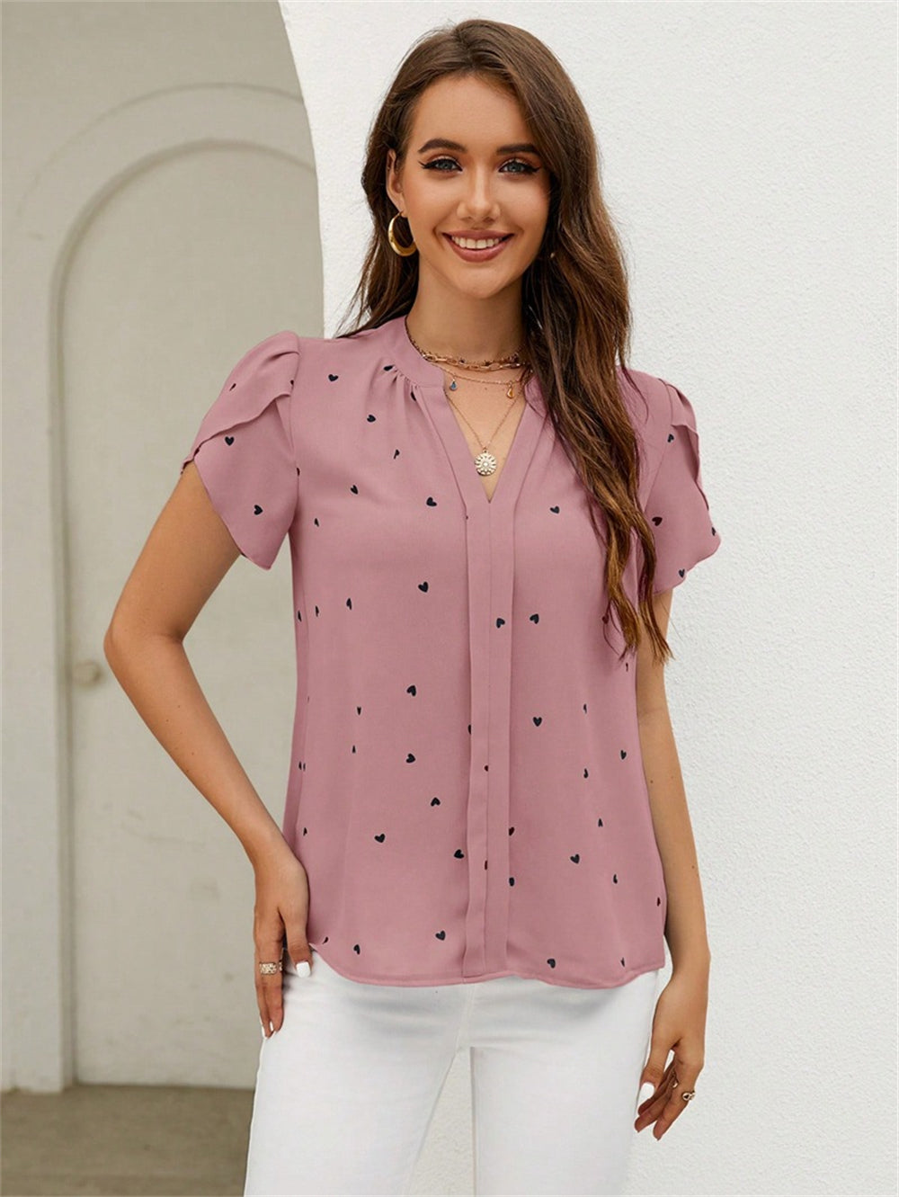 Petal Sleeve Notch Neck Ruffled Detail Blouse 2754 Pink