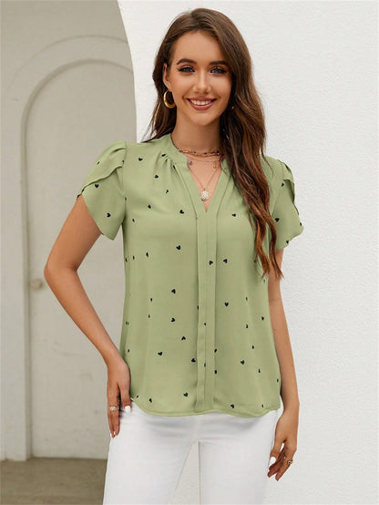 Petal Sleeve Notch Neck Ruffled Detail Blouse 2754 Green