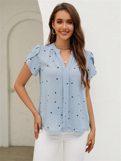 Petal Sleeve Notch Neck Ruffled Detail Blouse 2754 Blue