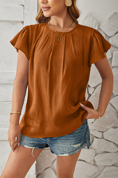 Petal Sleeves Pleated Details Crew Neck Top 2779 Brown