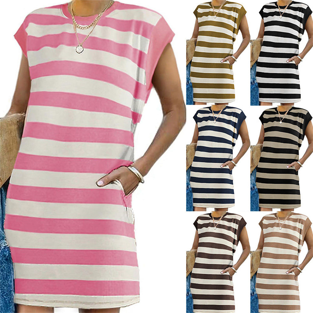 Pocket Dress striped midi Dress Sleeveless Shift 3014 Mix Color