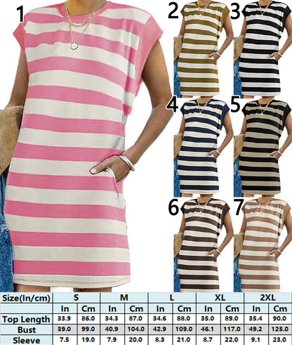 Pocket Dress striped midi Dress Sleeveless Shift 3014