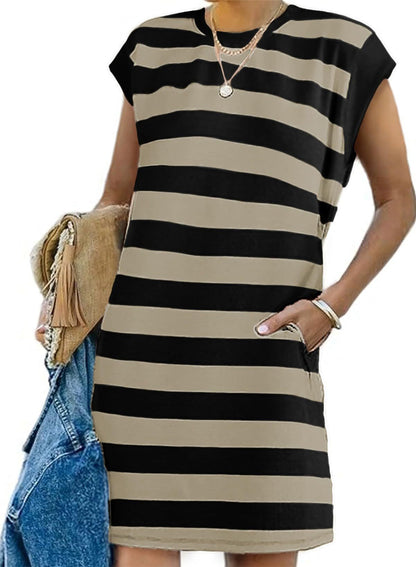 Pocket Dress striped midi Dress Sleeveless Shift 3014 Khaki+Black