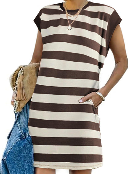 Pocket Dress striped midi Dress Sleeveless Shift 3014 Brown