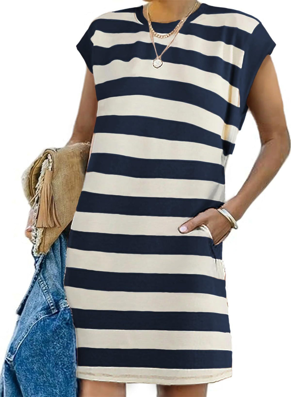 Pocket Dress striped midi Dress Sleeveless Shift 3014 Dark blue