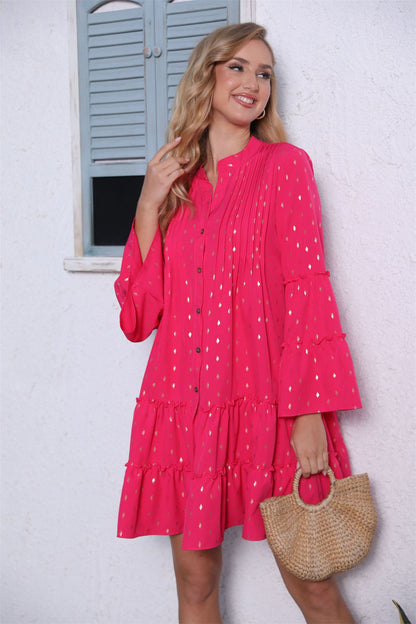 Polka Dot Button Front Pleated Dress 2985 Rose red