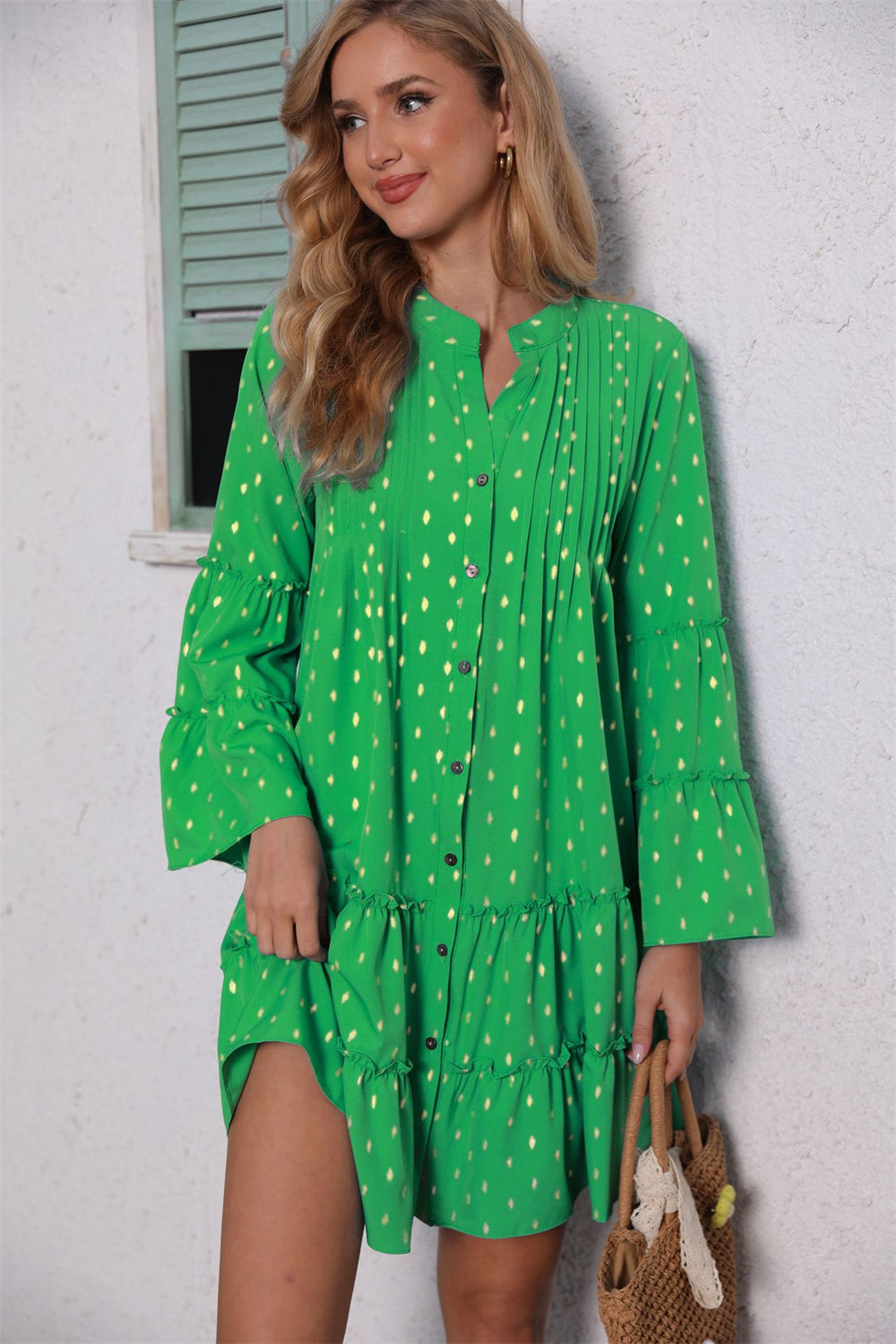 Polka Dot Button Front Pleated Dress 2985 Green