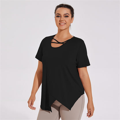 Quick-Dry Asymmetric hem Plus size tops 3021 Black