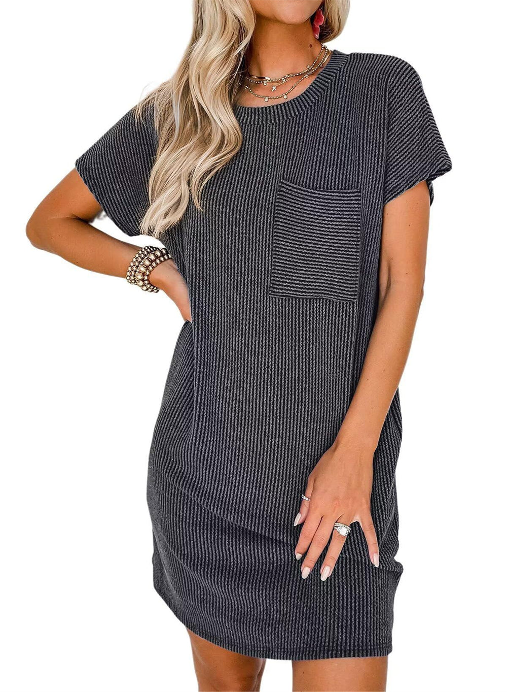 Relaxed Daytime Minimalist Knit Dress with Pockets 2847