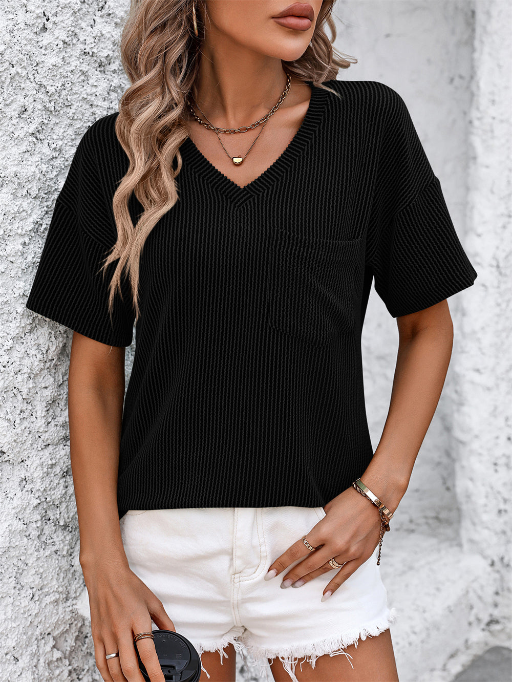 Relaxed Fit Daylight V-Neck T-Shirt Top 2891 Black