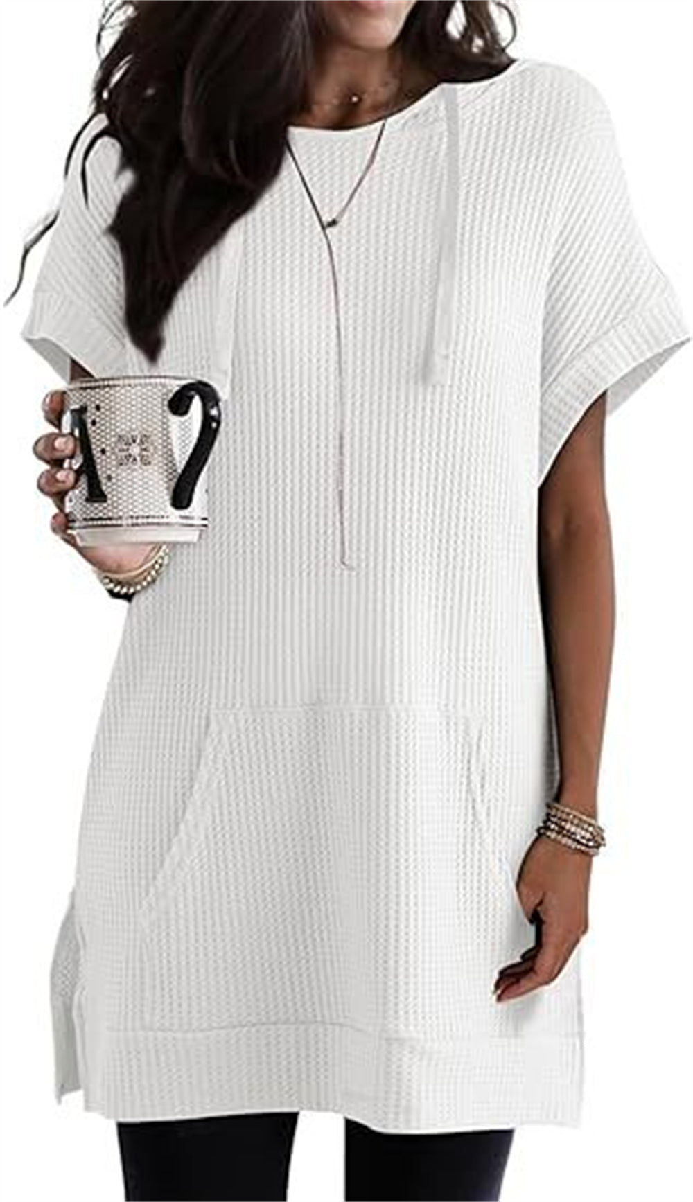 Relaxed Knit Tunic with Front Pockets 2901 White