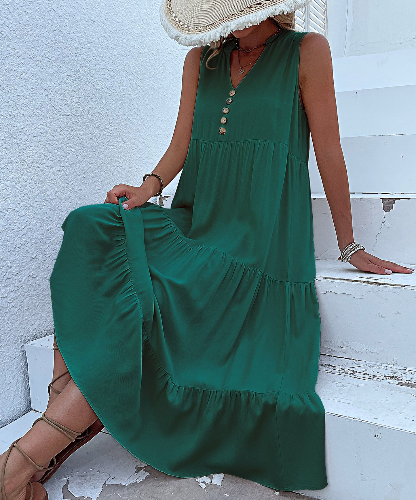 Resort Collection: Sleeveless Layered Dress 3005 Dark green