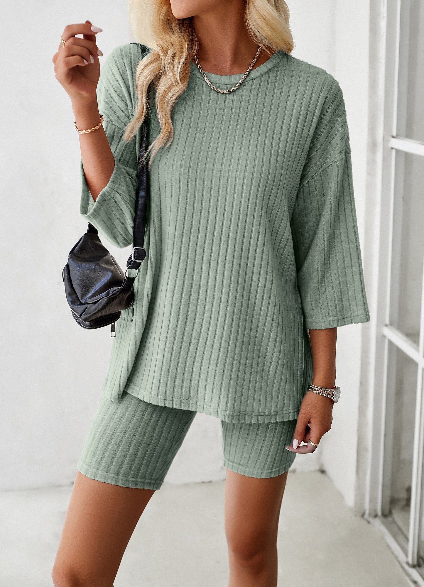 Ribbed Knit Pullover Day Dress 2759 Green