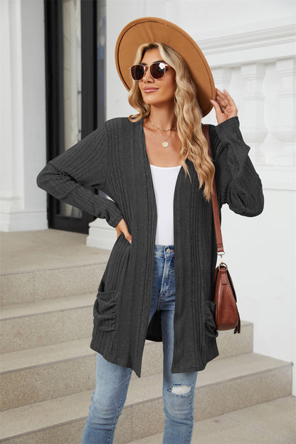 Ribbed knit open front lightweight cardigan with pockets 3081