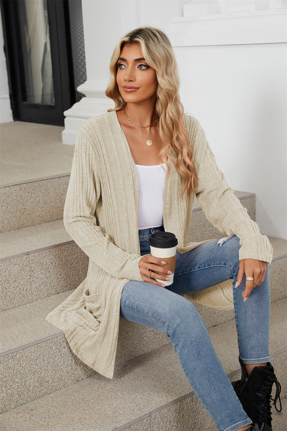 Ribbed knit open front lightweight cardigan with pockets 3081