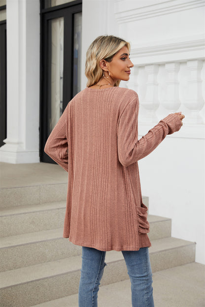 Ribbed knit open front lightweight cardigan with pockets 3081