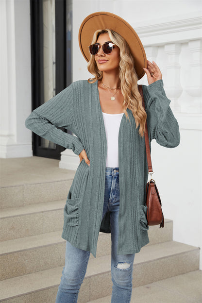 Ribbed knit open front lightweight cardigan with pockets 3081