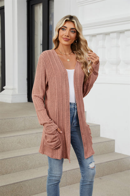 Ribbed knit open front lightweight cardigan with pockets 3081