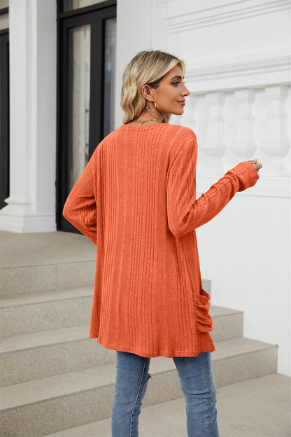 Ribbed knit open front lightweight cardigan with pockets 3081