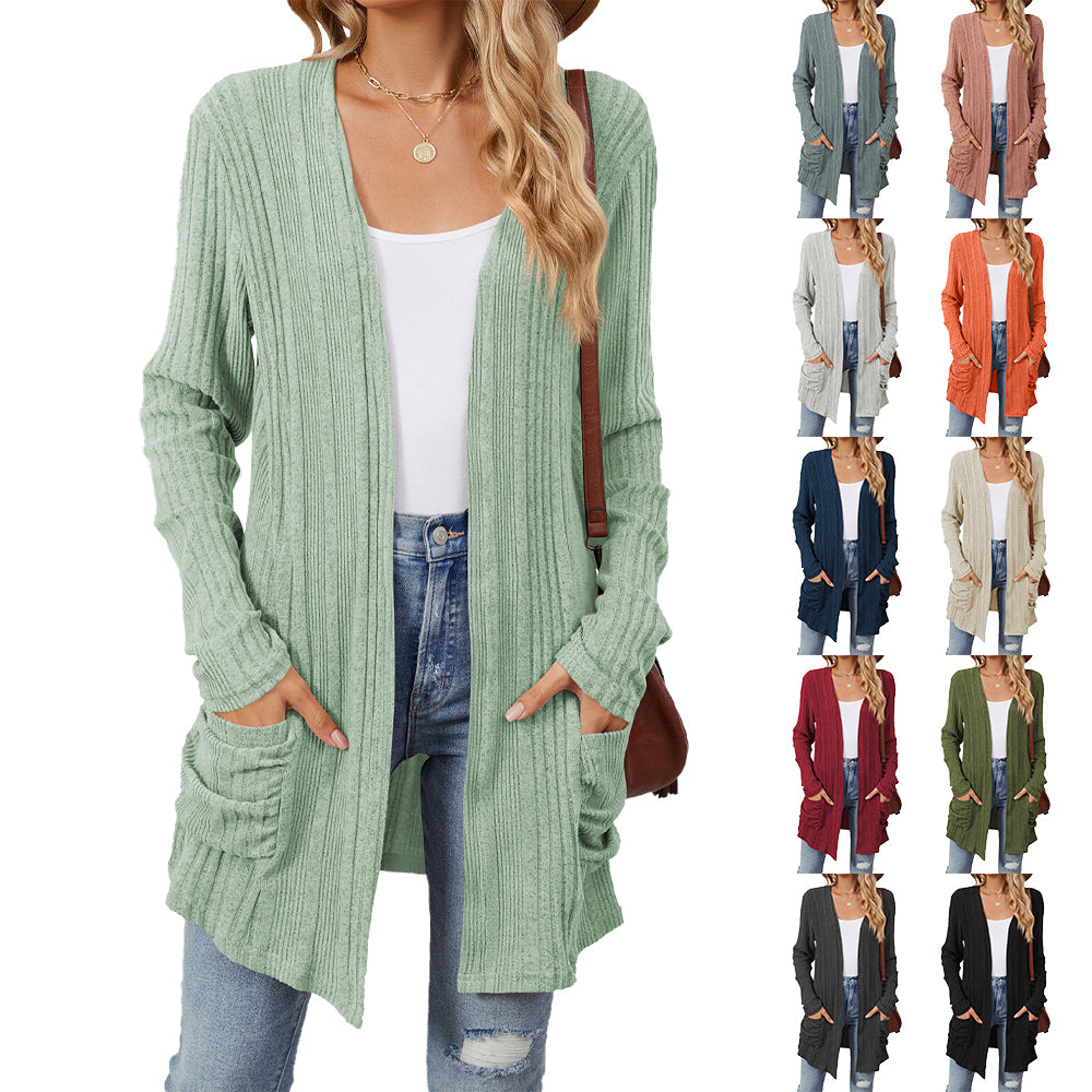 Ribbed knit open front lightweight cardigan with pockets 3081