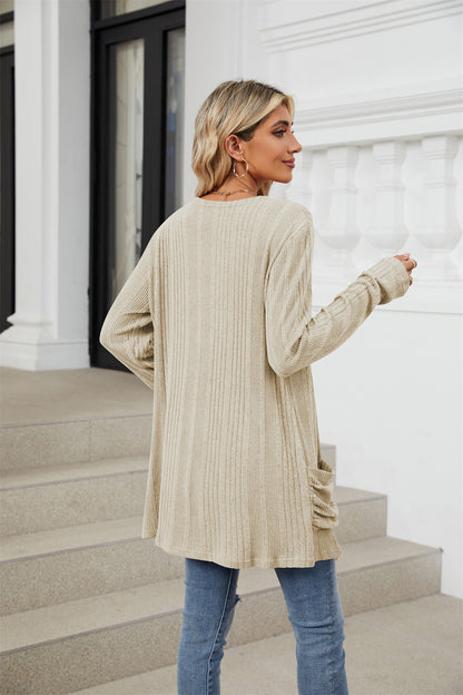 Ribbed knit open front lightweight cardigan with pockets 3081