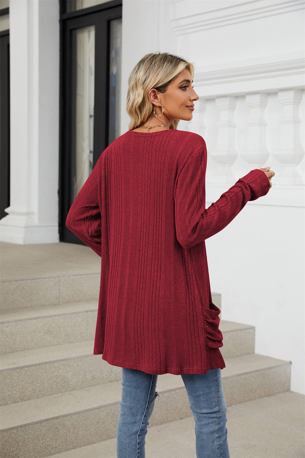 Ribbed knit open front lightweight cardigan with pockets 3081