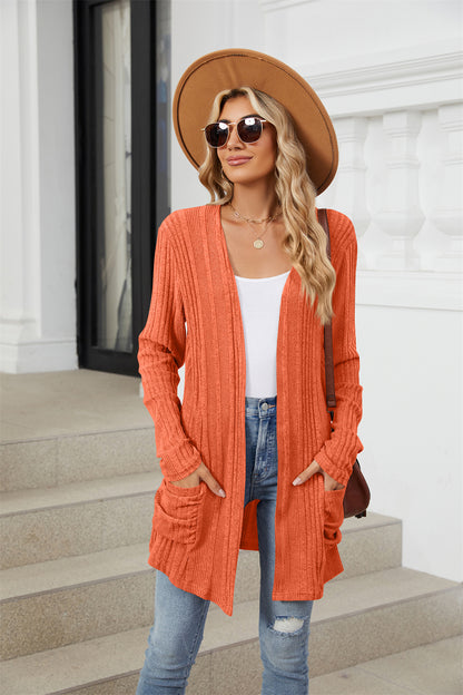 Ribbed knit open front lightweight cardigan with pockets 3081