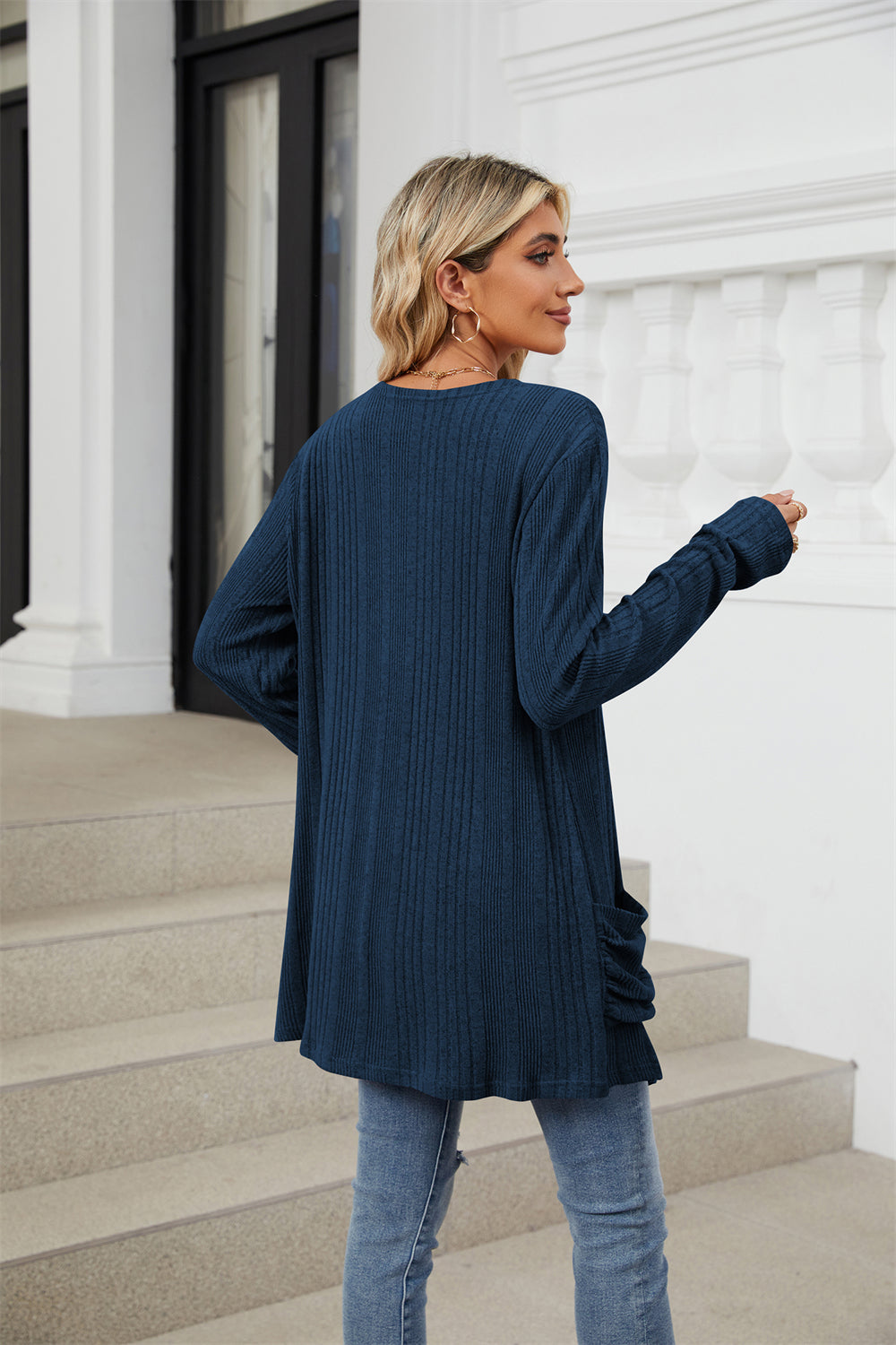 Ribbed knit open front lightweight cardigan with pockets 3081