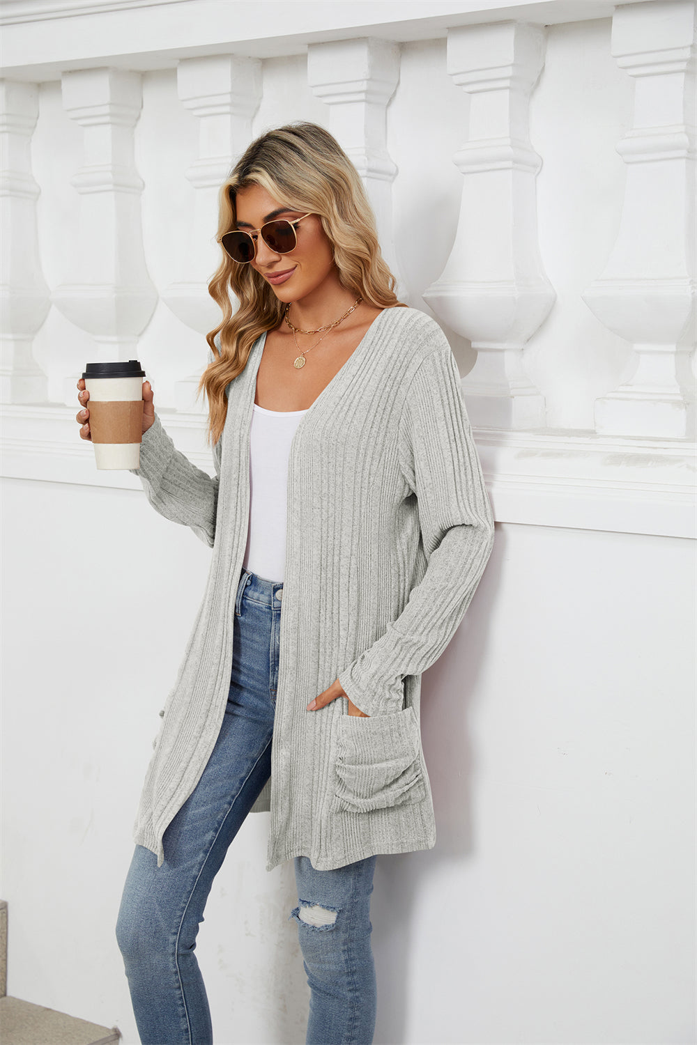 Ribbed knit open front lightweight cardigan with pockets 3081