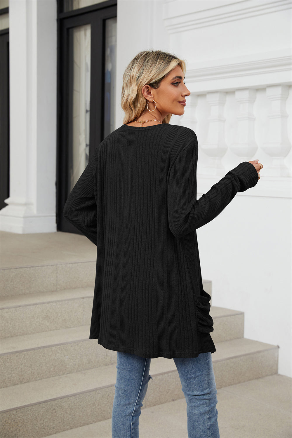 Ribbed knit open front lightweight cardigan with pockets 3081