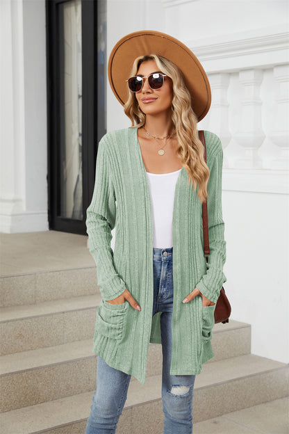 Ribbed knit open front lightweight cardigan with pockets 3081