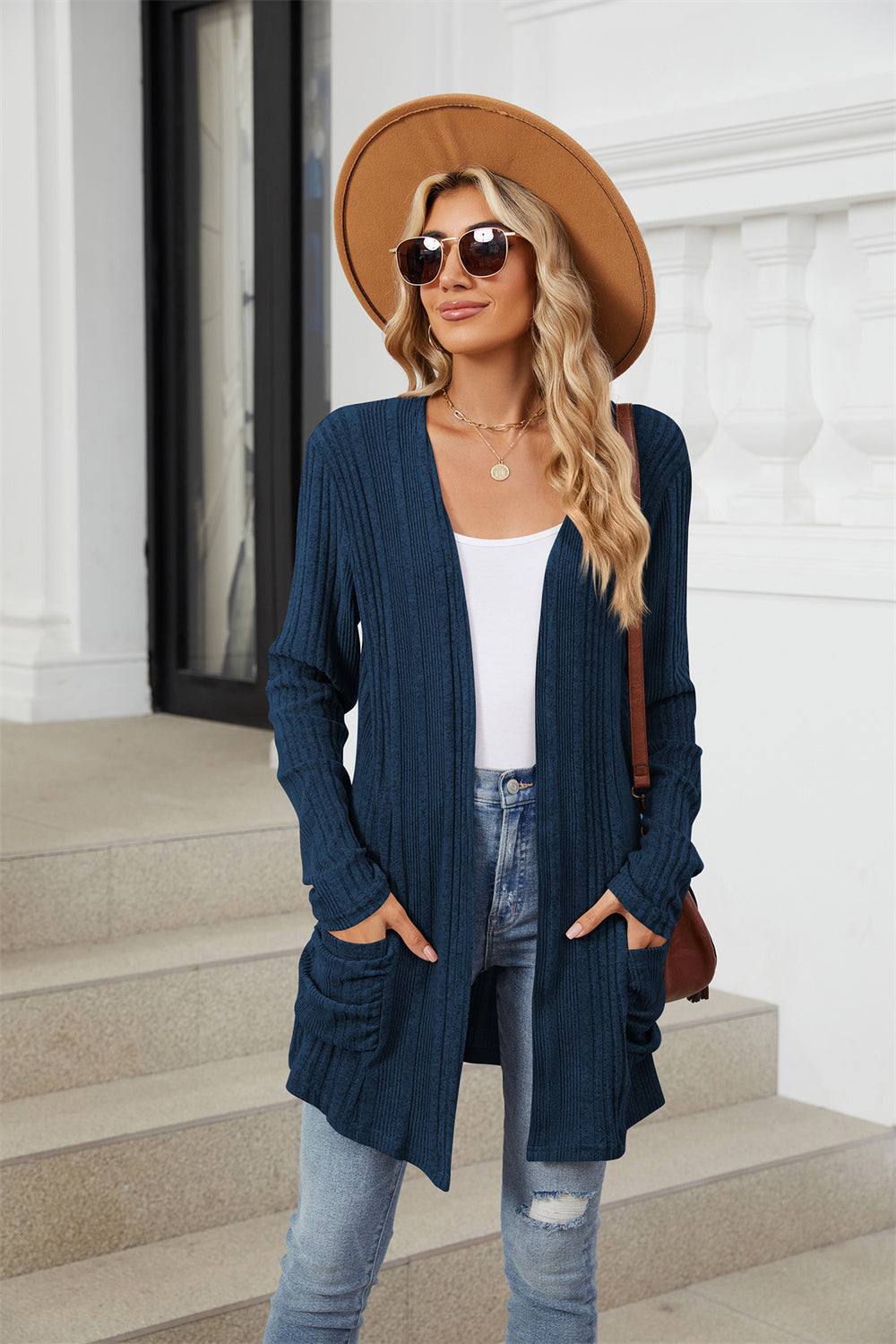 Ribbed knit open front lightweight cardigan with pockets 3081