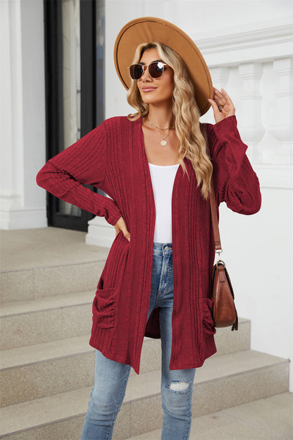 Ribbed knit open front lightweight cardigan with pockets 3081