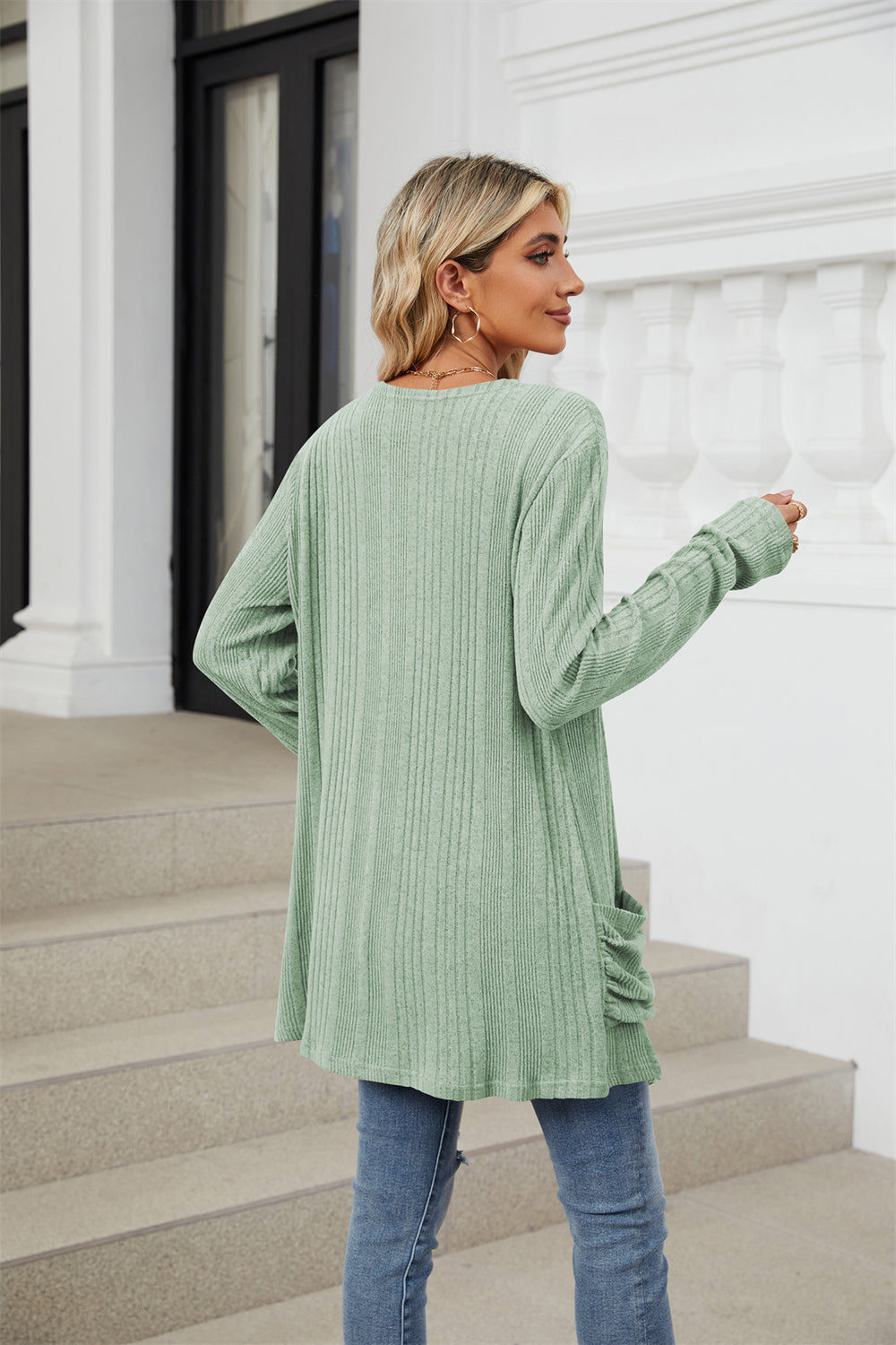 Ribbed knit open front lightweight cardigan with pockets 3081