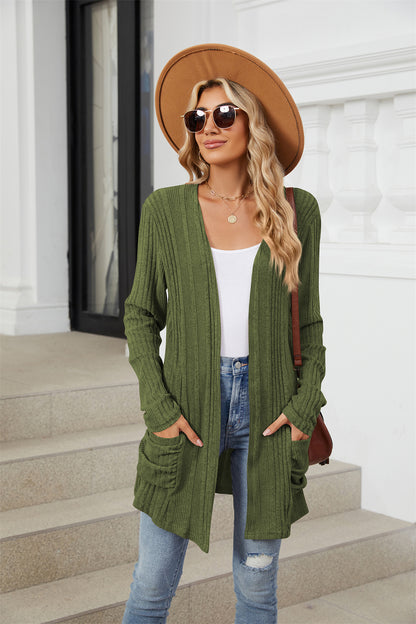 Ribbed knit open front lightweight cardigan with pockets 3081