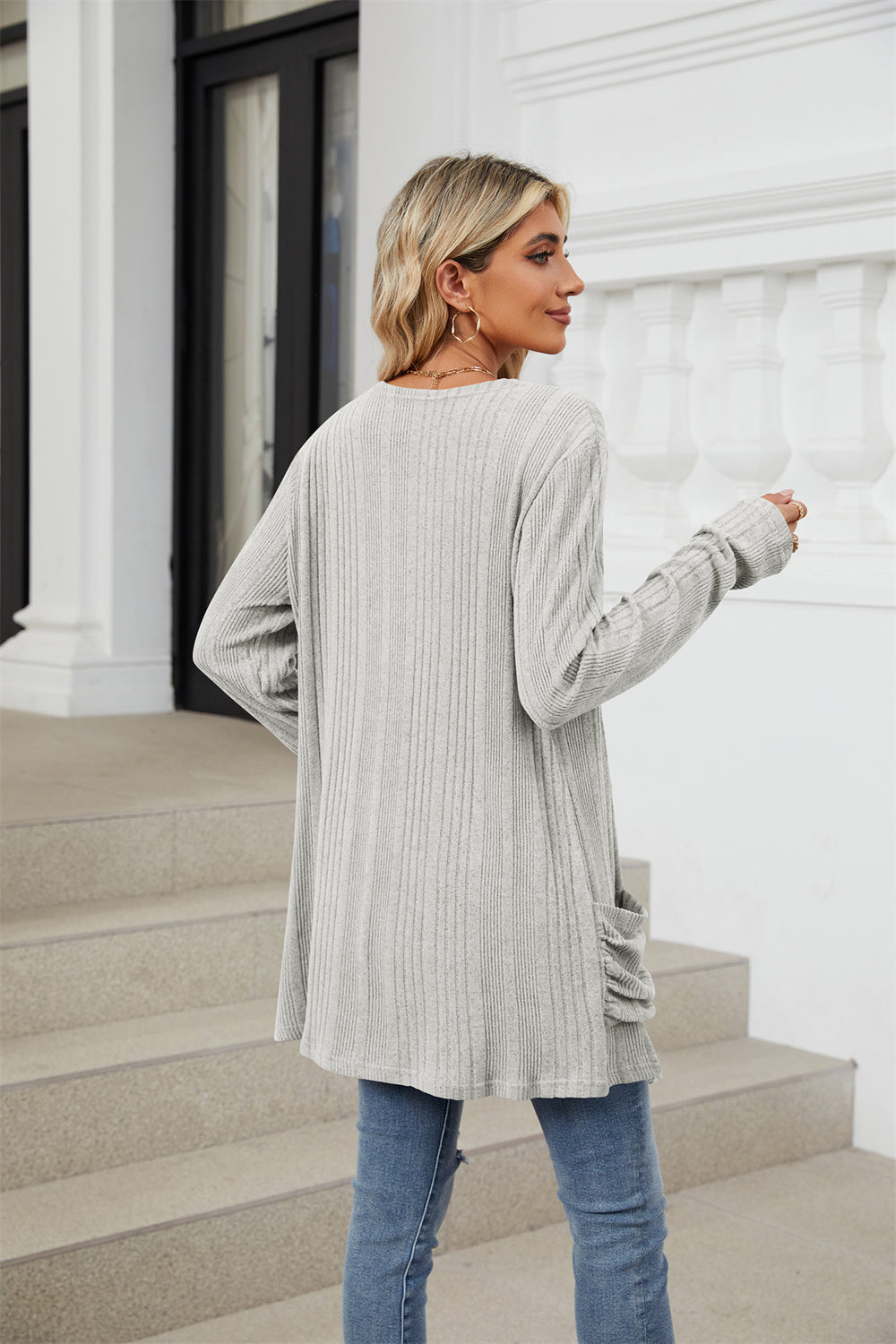 Ribbed knit open front lightweight cardigan with pockets 3081