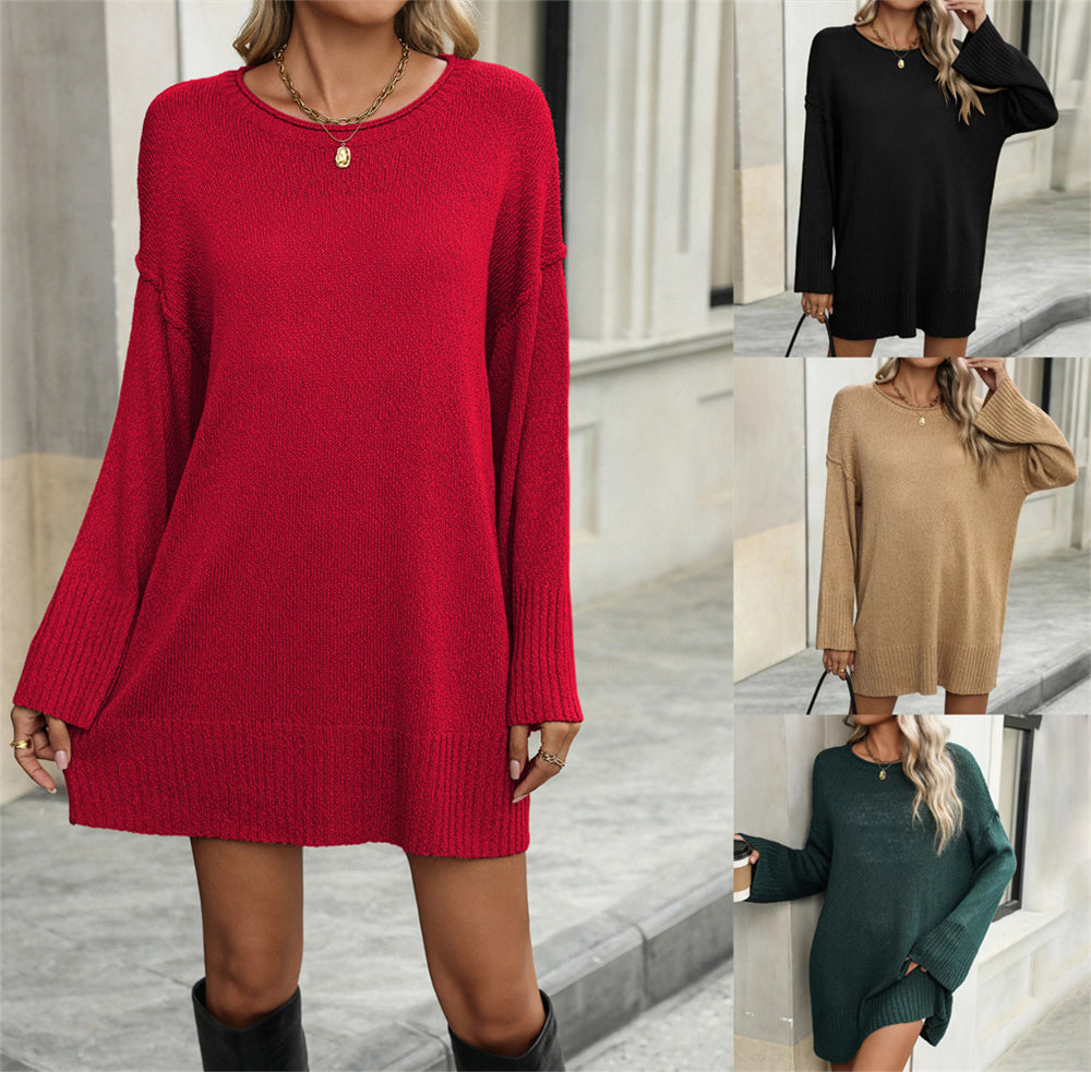 Round Neckline Knee-Length Sweater Dress 3064