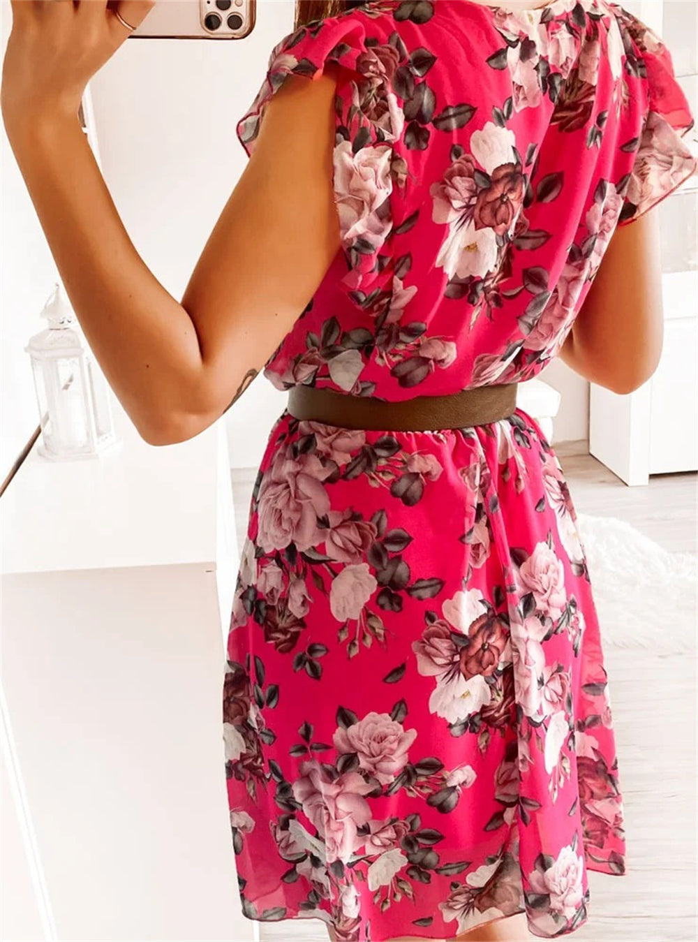 Ruffle Sleeve Floral Print Boho Midi Dress 3056