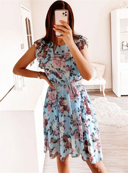 Ruffle Sleeve Floral Print Boho Midi Dress 3056 Blue print