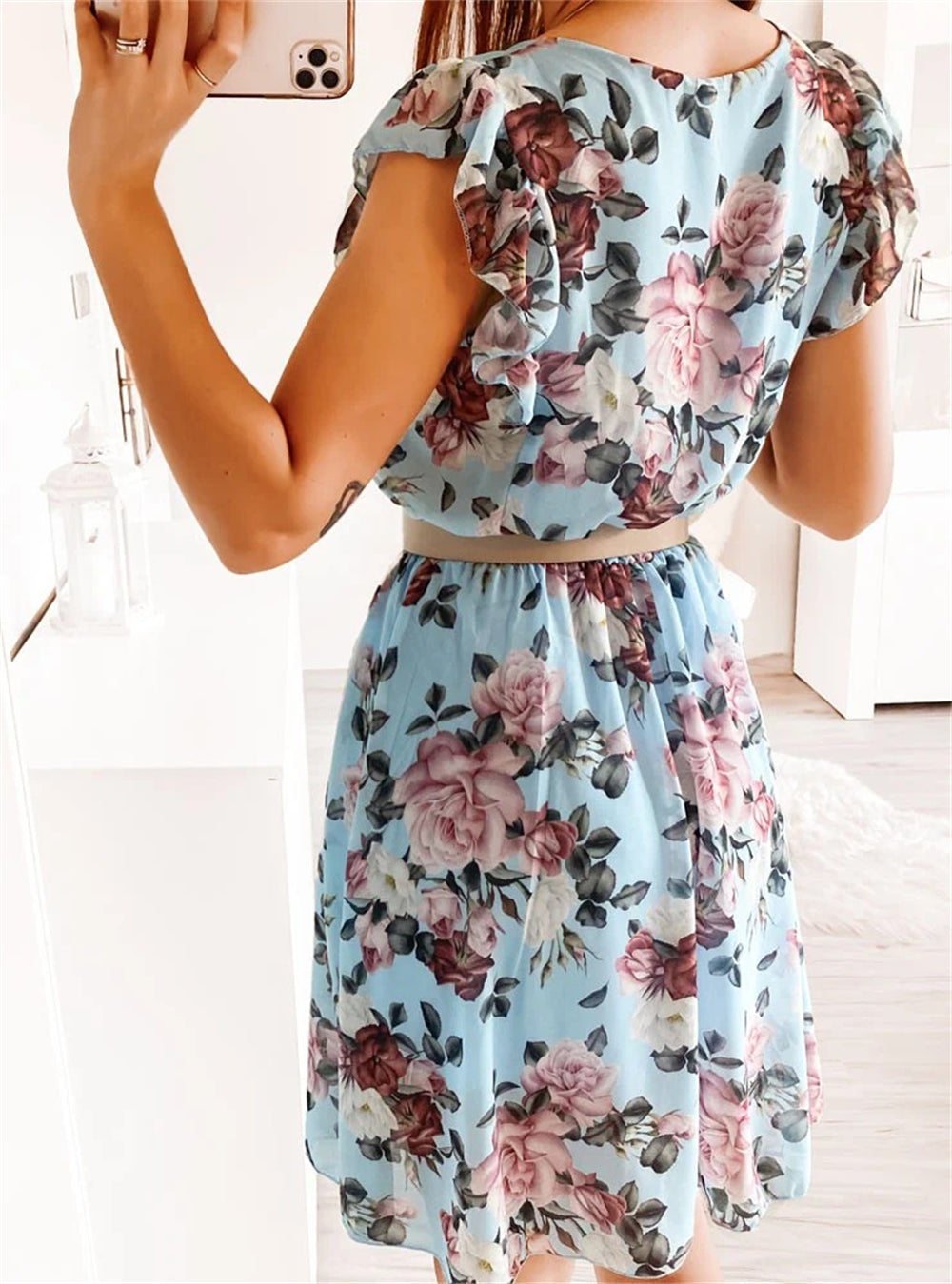 Ruffle Sleeve Floral Print Boho Midi Dress 3056