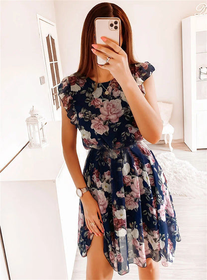 Ruffle Sleeve Floral Print Boho Midi Dress 3056 Navy blue print