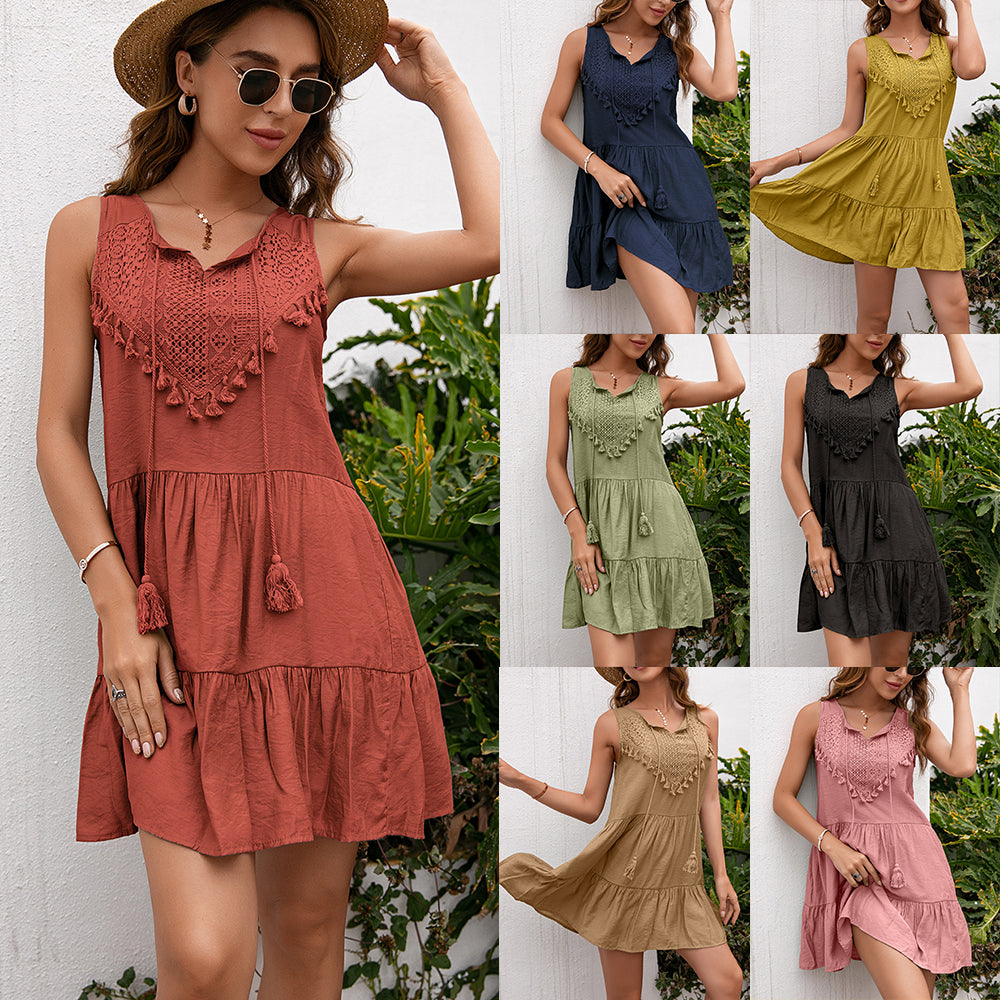 Ruffled Hem Tassels Front Sleeveless Dress 2782 Mix Color